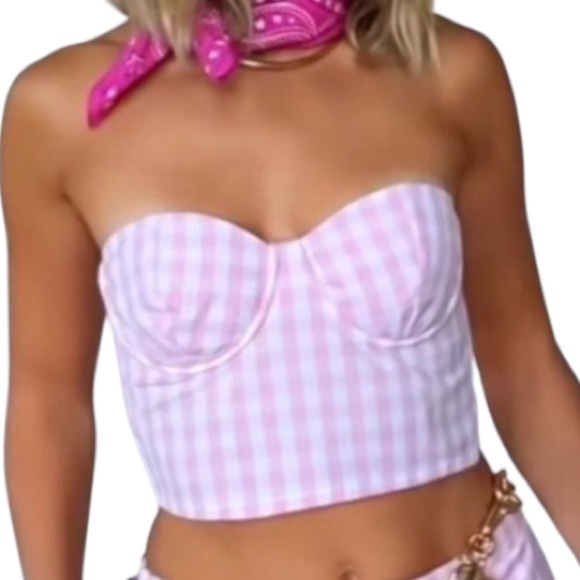 Zara Barbie Collab Pink Gingham Underwire Corset Bustier Crop Top Bra Size 34B - Picture 1 of 16